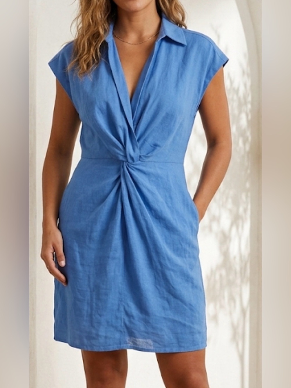 Mango MNG Blue Linen Blend Twist Front Wrap Dress Size Large
